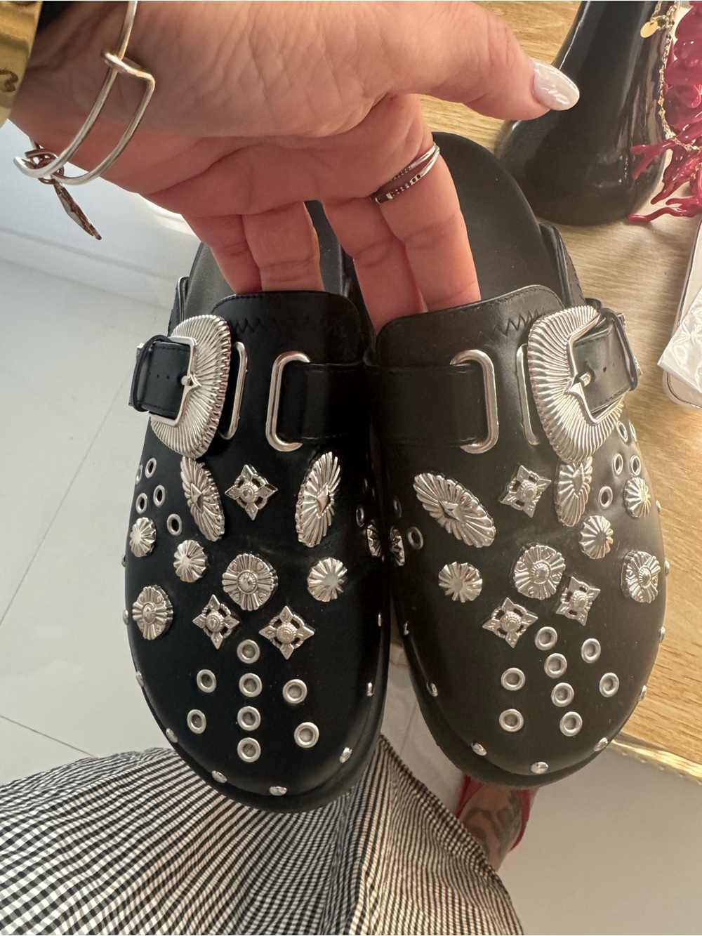 Black Studded Buckle Mules